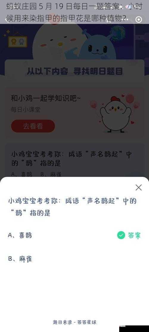 蚂蚁庄园 5 月 19 日每日一题答案：小时候用来染指甲的指甲花是哪种植物？