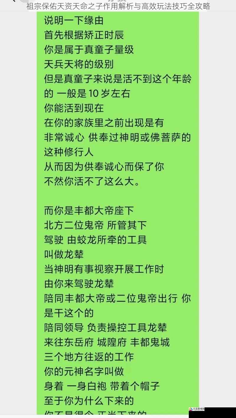 祖宗保佑天资天命之子作用解析与高效玩法技巧全攻略