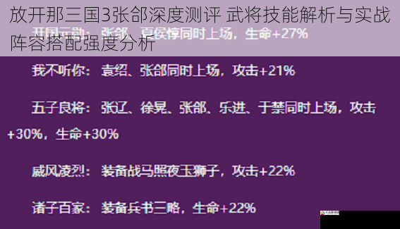 放开那三国3张郃深度测评 武将技能解析与实战阵容搭配强度分析